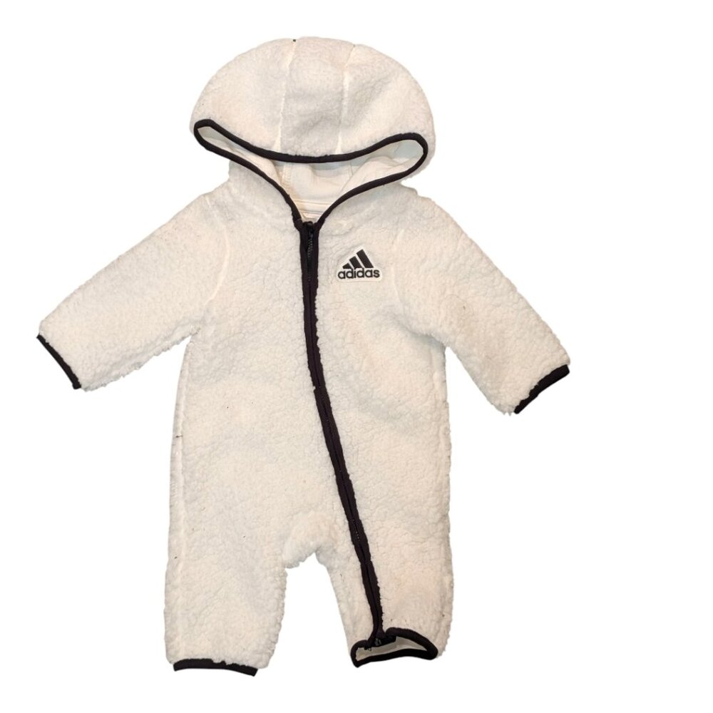 Adidas Baby Sherpa Fleece Hooded Coverall Romper White One Piece 3M Winter Cozy